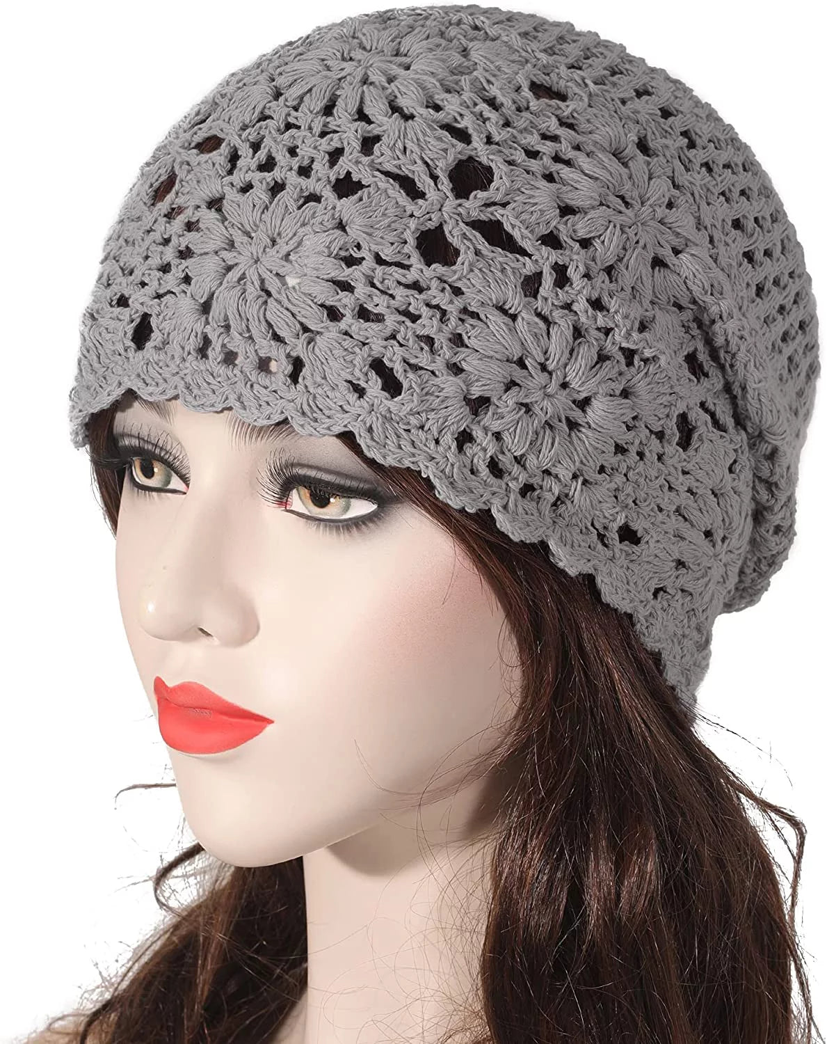 Women Cotton Crochet Slouchy Beanie Hat Handmade Knit Cutout Summer Floral Skull Cap