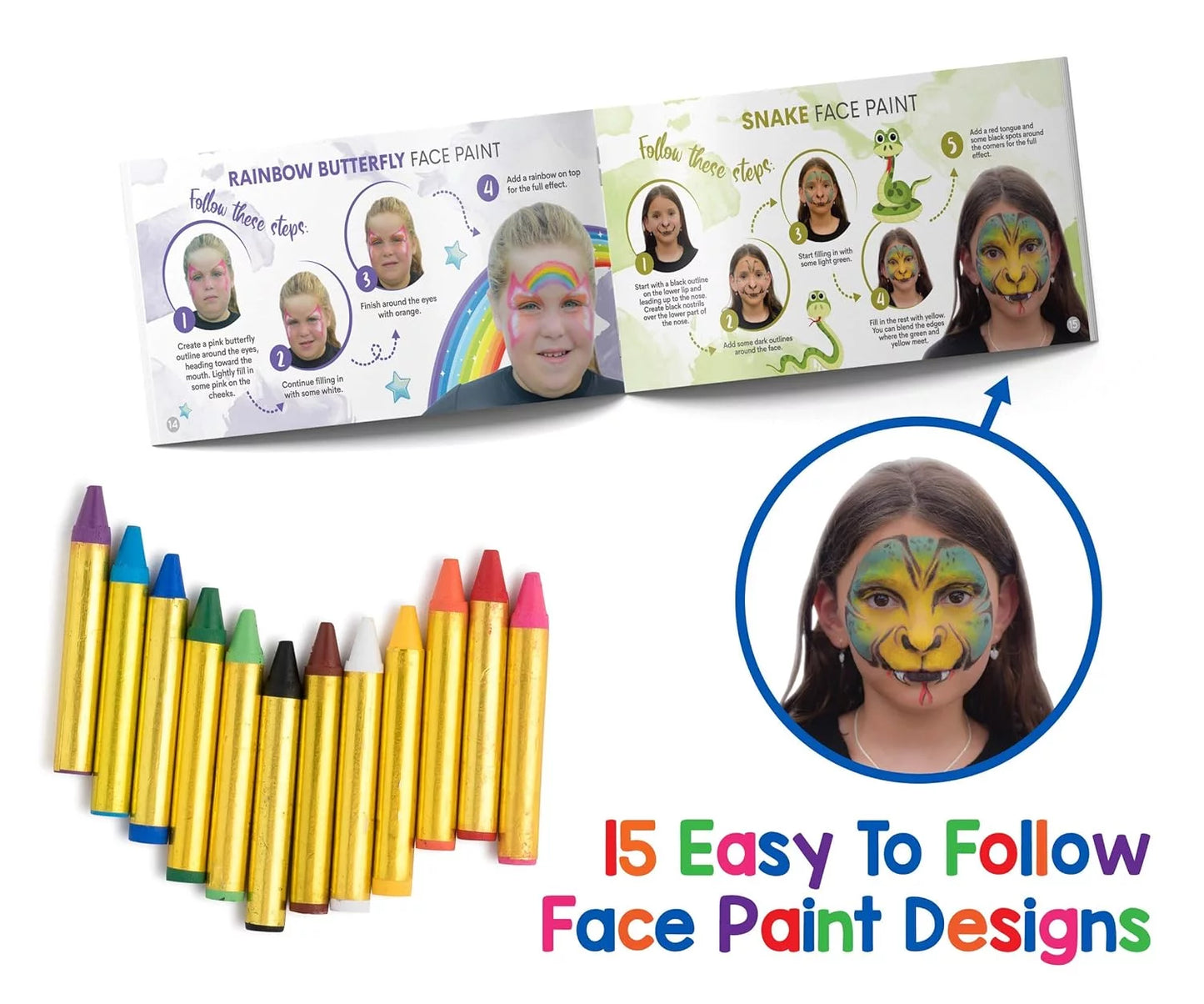 Kids Face Paint Crayons Safe, Non-Toxic Body Paint & Artbook