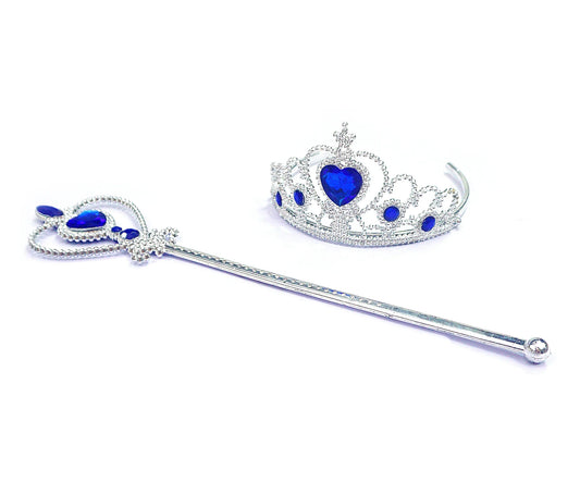 Princess Crown Tiara and Wand Set-Silver Heart Jewel(Blue,Snowflake Wand)